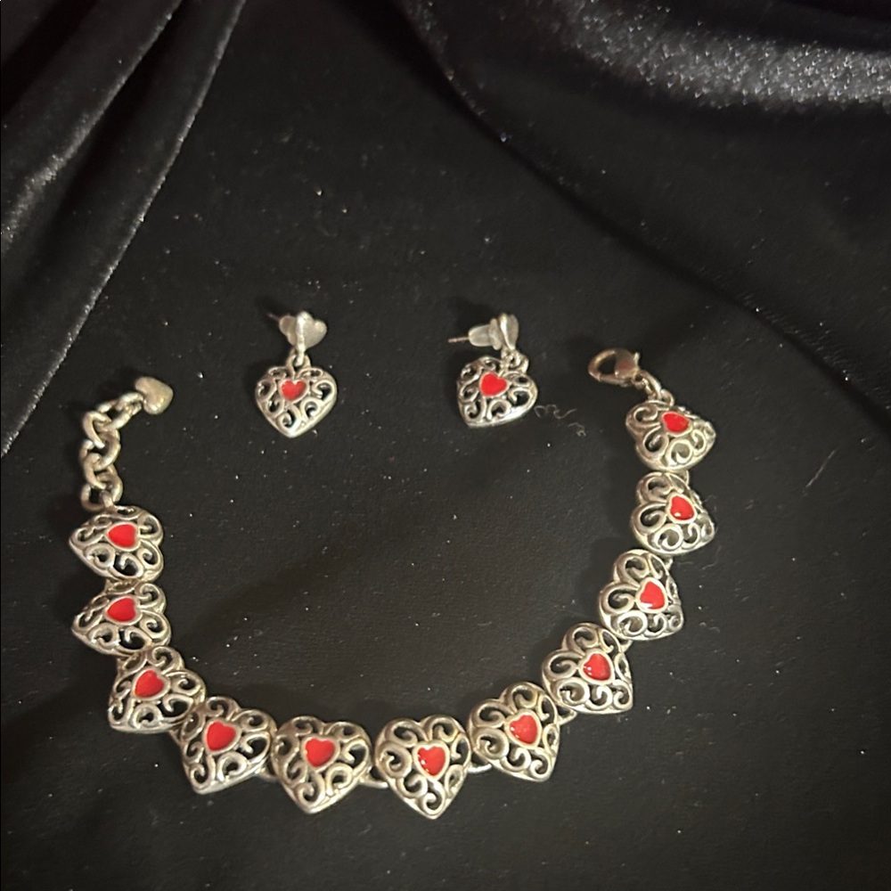 Silver tone and Red Heart Bracelet and Earrings